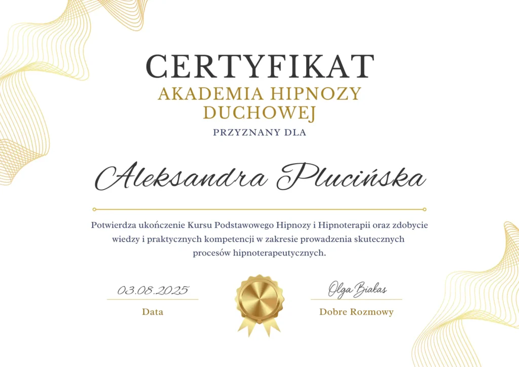 Certyfikat ukończenia akademii hipnozy duchowej sierpień 2025