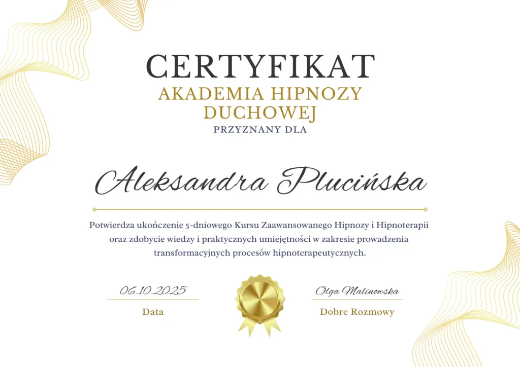 Certyfikat ukończenia akademii hipnozy duchowej październik 2025