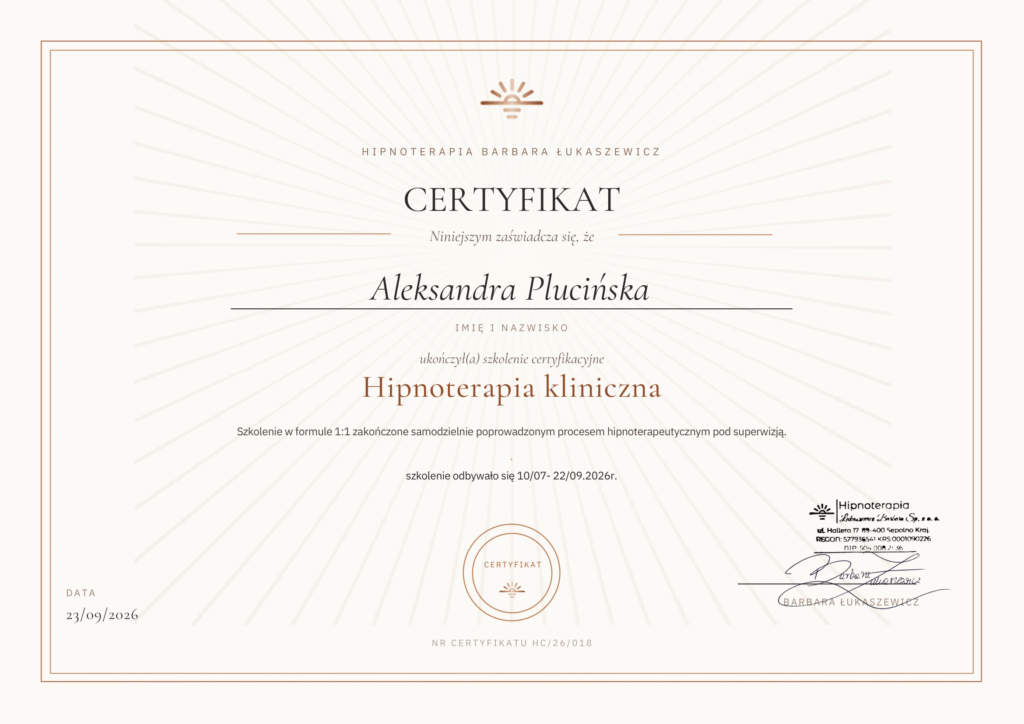 Certyfikat ukończenia szkolenia Hipnoterapia Kliniczna