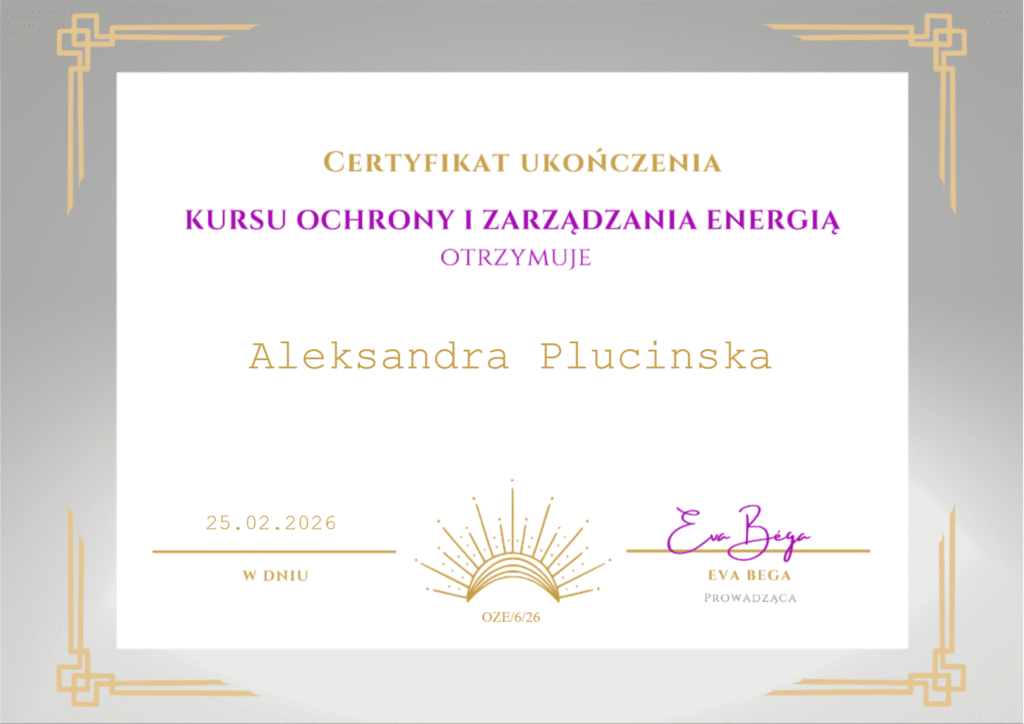 Certyfikat ukończenia kursu ochrony i zarządzania energią